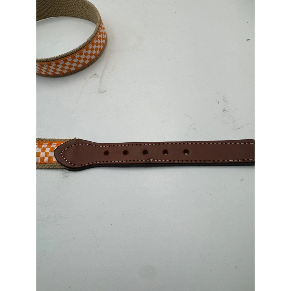 Orange White Checkered Ribbon Canvas Web Belt Leather Tabs Brass Buckle Size 34